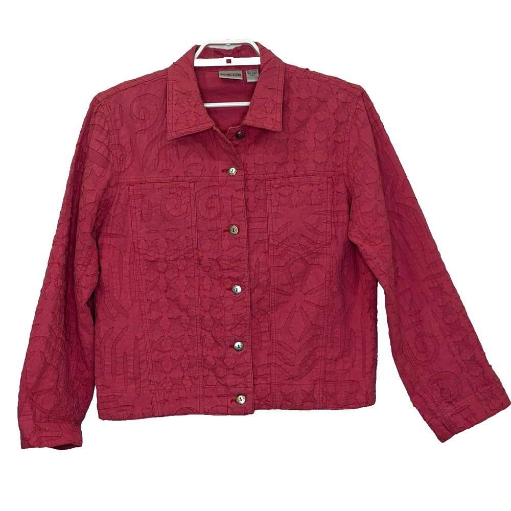 Chico's Button Front Jacket Sz 1 US Medium Pink Textured Long Sleeve Lightweight